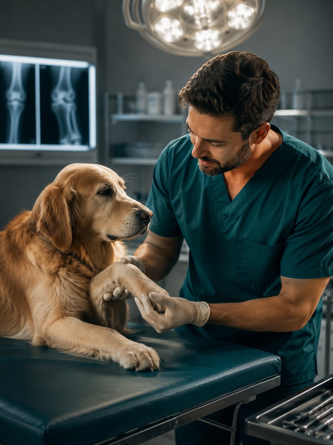 Veterinario revisando la pata de un perro, con radiografías de fondo